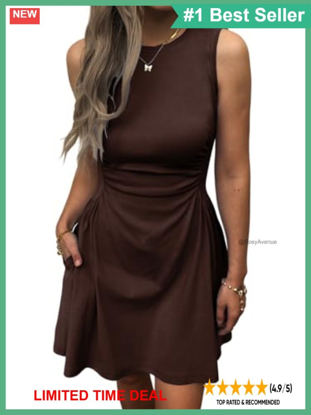 Women's Sleeveless Ruched Waist Pleated Mini Dress with Pockets